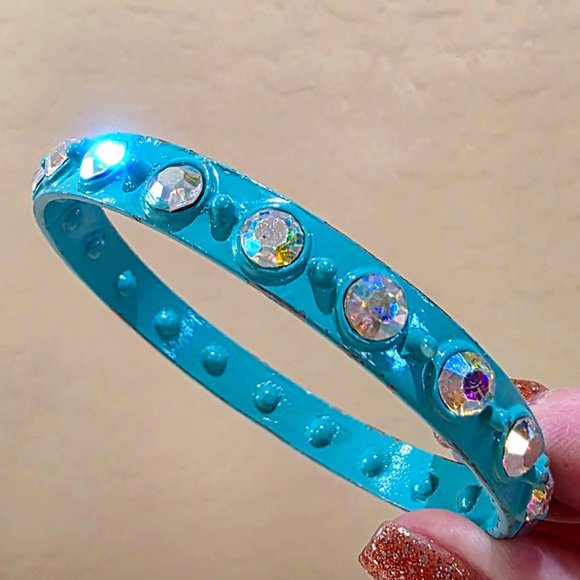 Vintage Retro Turquoise Metal Bangle Bracelet Aurora Borealis Glass Rhinestones - Picture 8 of 13